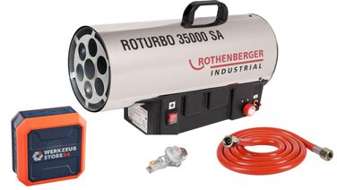 Промисловий газовий обігрівач/нагрівальна гармата Rothenberger з п&39єзоелементом, шлангом, регулятором, захистом від розриву шланга RoTurbo 35000SA 1000C Регульований Включає Bluetooth-динамік, час роботи до 30 годин RoTurbo 35000 з регульованою функцією
