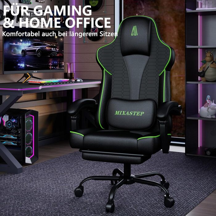 Ергономічне ігрове крісло, офісне крісло з підставкою для ніг, регульоване по висоті та нахилу, надзвичайно широке сидіння (51 см), ергономічна поперекова опора, вантажопідйомність до 150 кг, зелений колір