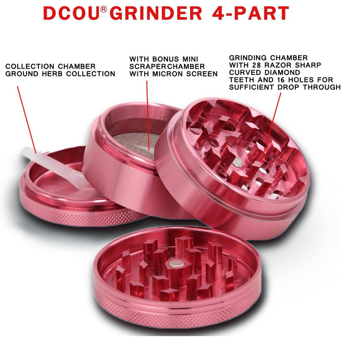 Преміум подрібнювач Cruncher Стійкий до ударів алюмінієвий подрібнювач Дробарка для спецій Подрібнювач спецій з квітами на кришці Магнітна Ø55 мм Металева кавомолка 4 шт. и рожева