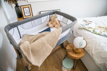 Дитяче ліжечко Momi SMART Bed 4-в-1 до 15 кг, приліжкове ліжечко для немовлят з матрацом, регульована висота, сірого кольору, одномісне