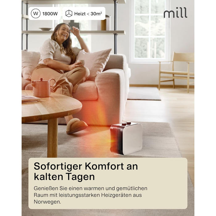 Керамічний вентилятор-обігрівач Mill, маленький та тихий, 1800 Вт, портативний обігрівач для приміщень площею 5-30 м, електричний обігрівач, електричне опалення, електричний обігрівач, пристрої для опалення приміщень, електричний радіатор - білий, 5-30 м