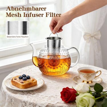 Чайник скляний з ситечком STNTUS, 1.2 л чайник для розсипного чаю та квіткового чаю, жаростійке боросилікатне скло, зручний вилив HX-1200 мл