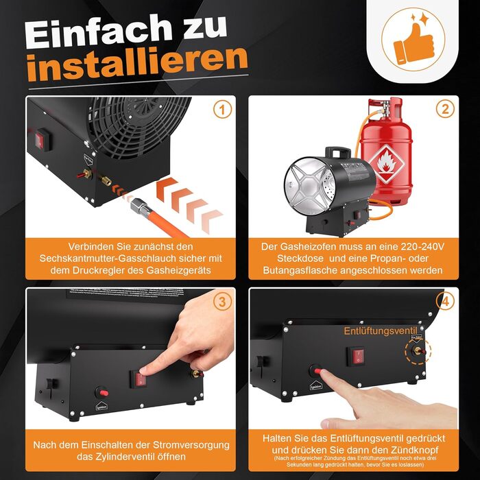 Газовий обігрівач Froadp 30 кВт, чорний, газовий обігрівач для використання в приміщенні, портативний газовий обігрівач із захистом від перегріву, включаючи регулятор тиску 700 мбар та шланг 1,5 м, для будівельних майданчиків, майстерень, складів 30 кВт