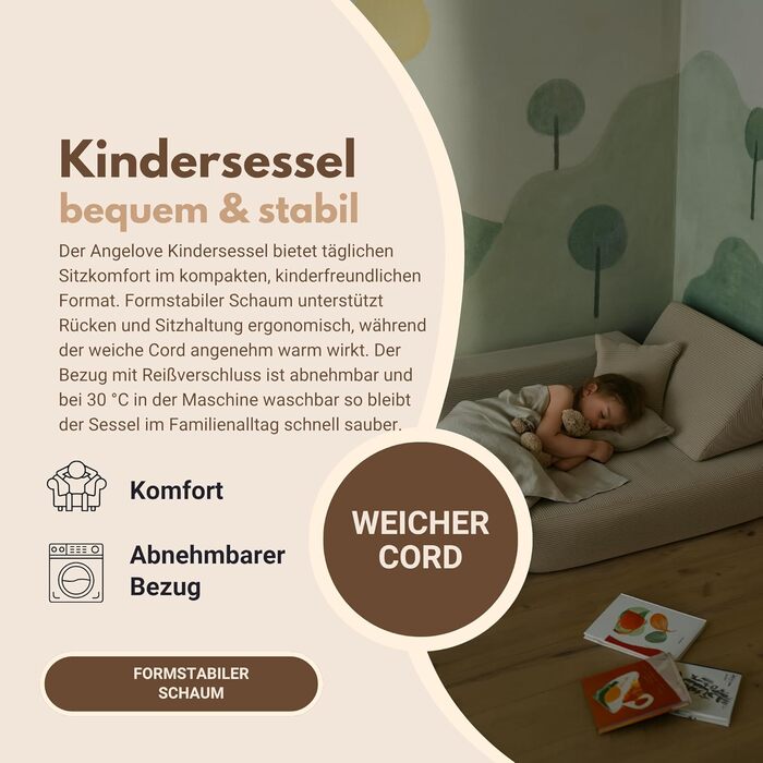 Дитяче крісло Angelove 3-в-1 - Складаний дитячий диван та ігровий матрац з вельвету, Зручне ігрове крісло від 1 року, Бежевий