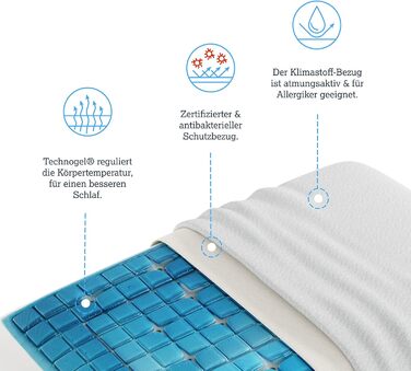 Ортопедична подушка Technogel нового покоління Original Deluxe для підтримки шиї, антибактеріальна, гелева подушка для шийного відділу хребта для сну на спині та боці, вкл. наволочку