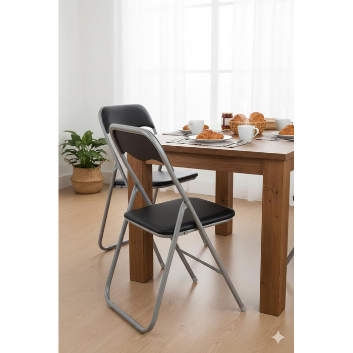 Складані стільці, комплект з 2 шт. , М&39які складні стільці з металевим каркасом та штучною шкірою, компактні, вантажопідйомність до 100 кг, ідеально підходять як кухонні та садові стільці, сріблясто-чорні