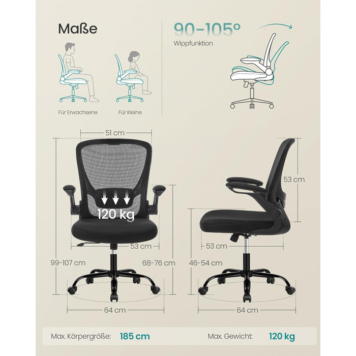 Ергономічне офісне крісло SONGMICS, обертове крісло з сіткою, поперековою частиною та підголівником, функція гойдання, розмір сидіння 53 см, складні підлокітники, для роботи та спальні, для студентів, чорне OBN37BK Чорний без підголівника