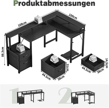 Кутовий письмовий стіл YOUDENOVA з шухлядами, L-подібний, 168x100 см, ігровий стіл зі світлодіодним підсвічуванням, комп&39ютерний стіл з розеткою та портом зарядки USB, офісний стіл, чорний, 168*100*88,5 см