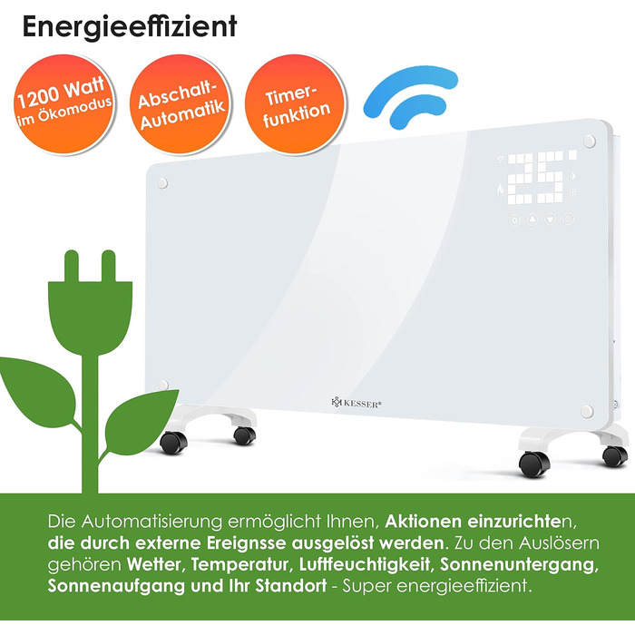 Скляний конвекторний обігрівач KESSER, електричний радіатор із застосунком, функцією Wi-Fi та пультом дистанційного керування Окремостоячий або настінний Сенсорний екран РК-дисплей Таймер 2500 Вт Білий