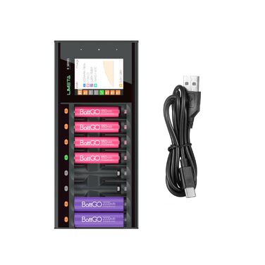 Зарядний пристрій LIMETA R8 для батарейок типу AA та AAA, 8-слотовий зарядний пристрій з функцією швидкої зарядки USB Type-C QC3.0 та РК-дисплеєм, автоматичне визначення типу батарейки, функція розрядки