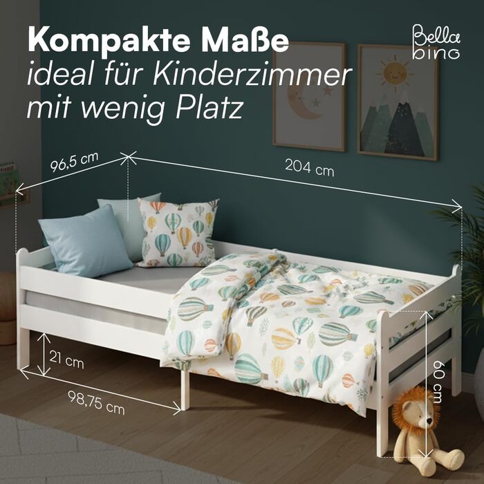 Дитяче ліжко Bellabino Kuru 90x200 см Дитяче ліжко із захистом від падіння та рейковою основою Дитяче ліжко з місцем для зберігання Дитяче ліжко з дерева Односпальне ліжко для хлопчиків та дівчаток для дитячих кімнат білого кольору без шухляд, матрац не в
