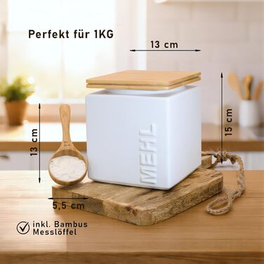 Герметичний контейнер для зберігання борошна 1 кг - Керамічний контейнер для борошна, включаючи бамбукову мірну ложку - Бамбукова кришка для тривалого зберігання - Квадратний та компактний, що штабелюється, колір борошна білий