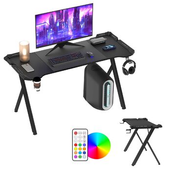 Ігровий стіл UISEBRT зі світлодіодним підсвічуванням, 140x60x75 см RGB комп&39ютерний стіл з вуглецевим волокном, стіл з пультом дистанційного керування, підставкою для склянок та гачком для навушників, ергономічний ігровий стіл Y-подібної форми, чорний 1
