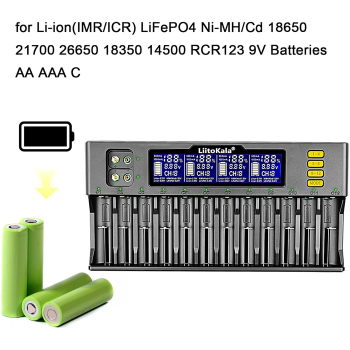 Слотовий РК-дисплей швидкий зарядний пристрій, інтелектуальний універсальний зарядний пристрій для літій-іонних (IMR/ICR) LiFePO4 Ni-MH/Cd 18650 21700 26650 18350 14500 RCR123 9V батарей AA AAA C, 12 18650 12-