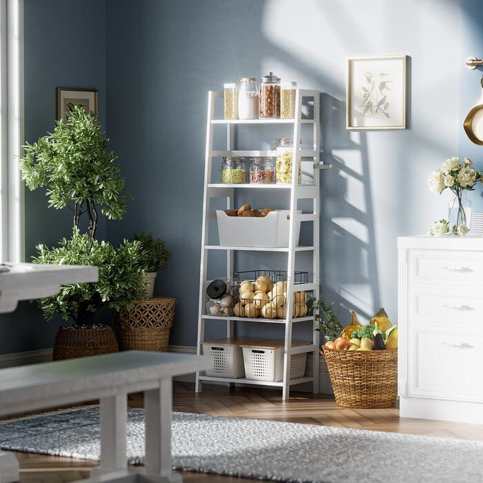 Полиця-драбина, 5-ярусна книжкова шафа, повнорозмірна бамбукова міцна книжкова шафа, окремостояча відкрита дерев&39яна полиця, сучасна кутова підставка для вітальні, домашнього офісу, ванної кімнати, біла