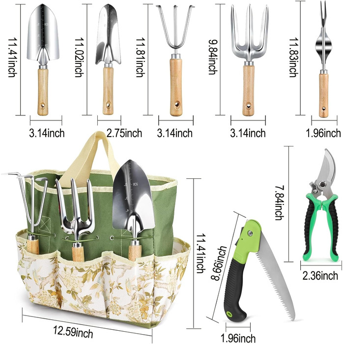 Набір садових інструментів Gartenwerkzeug, 12 предметів, з органайзером-сумкою, садова лопатка з деревяною ручкою, секатор, садові граблі, подарунок для садівників, ідеальний подарунок для жінок-садівниць
