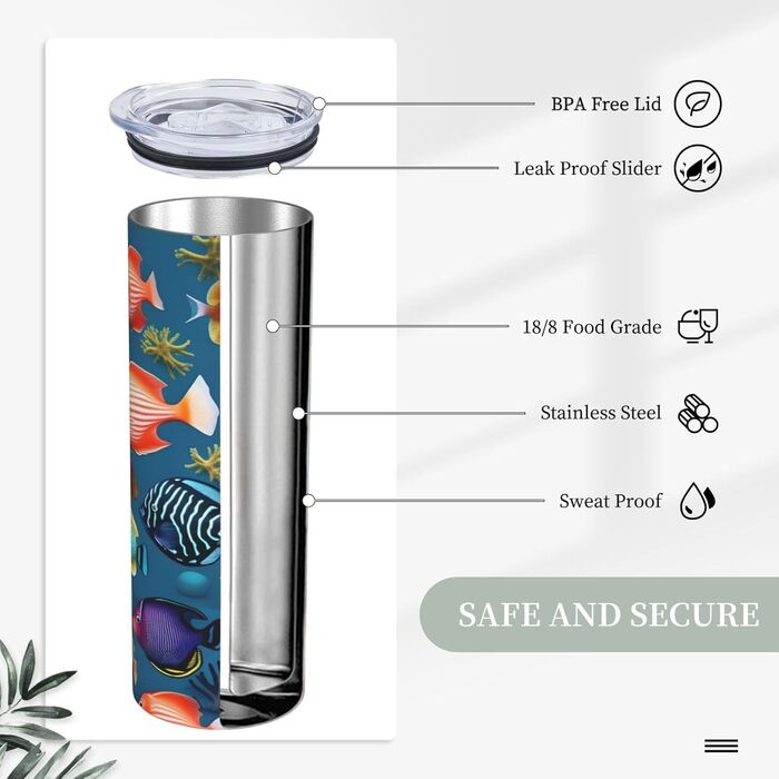 Кухоль з прямою трубочкою, дизайн підводна рифова риба, принт, дорожній кухоль, підходить для кемпінгу, офісу та дому, 590 мл