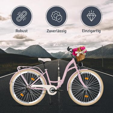 Велосипед Milord Comfort з плетеним кошиком, голландський велосипед, жіночий велосипед, міський велосипед, вінтажний, 28 дюймів, рожево-кремовий, 7 швидкостей