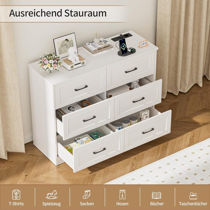 Комод з розетками, комод з 6 шухлядами, 2 USB та 2 розетки змінного струму, дерев&39яний комод, для спальні, вітальні, коридору, 106 x 81,5 x 39 см, білий