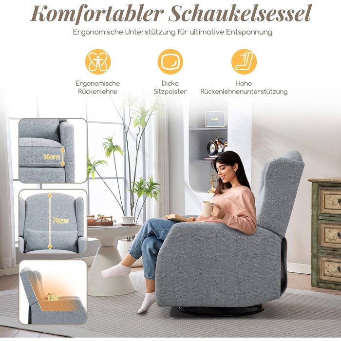 Крісло-гойдалка з функцією відкидання спинки, крісло для телевізора з поворотом на 360 для вітальні, крісло-гойдалка з м&39якою поперековою опорою, крісло для телевізора з функцією гойдання, ручне регулювання (сіре)