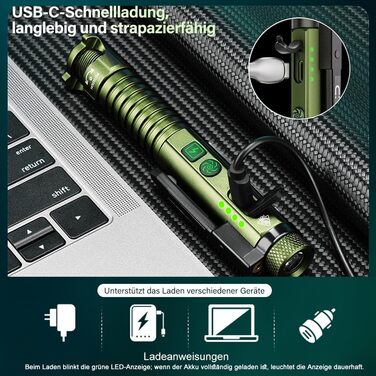 Акумуляторний світлодіодний ліхтарик ASORT, суперяскравий 2000 люмен, магнітний тактичний ліхтарик-ручка з затискачем, 10 режимів, маленький компактний УФ-ліхтарик, розбивач скла та відкривачка для пляшок, для надзвичайних ситуацій, кемпінгу та домашнього