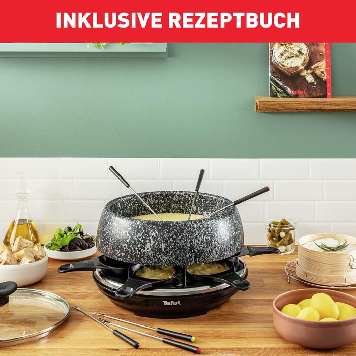 Електричний раклетний гриль прилад для фондю для 6 осіб 6 сковорідок, 6 виделок, 1 каструлякришка, книга рецептів Кам'яний вигляд Можна мити в посудомийній машині 850 Вт, 12C8