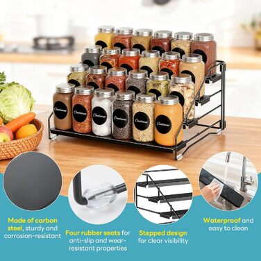 Рівнева підставка для спецій, регульована по висоті без свердління, металева підставка для спецій для кухні та шафи, з етикетками та ручкою, 4-