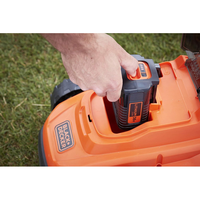 Акумуляторна газонокосарка BlackDecker BCMW3336L1 (36 В, 2,5 Ач, ширина зрізу 33 см, для газонів середнього розміру до 250 м, 5-позиційне регулювання висоти, в комплекті 1 акумулятор, зарядний пристрій, травозбірник на 35 л), помаранчевий/чорний