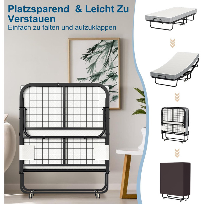 Розкладне ліжко ISOSIL 90x200 см Гостьове ліжко, розкладне з матрацом з пінопласту 13 см Гостьове ліжко, розкладне металевий каркас ліжка, розкладне ліжко на колесах, розкладне металеве ліжко, вантажопідйомність 200 кг, пилонепроникне