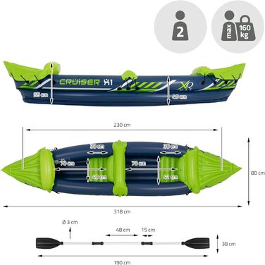 Надувний човен ECD Germany Cruiser 2.0 / Cruiser 3.0 / Надувний каяк Cruiser X1, для 2 осіб, весловий човен, рибальський човен, човен для відпочинку, надувний човен, повітряний каяк, каное, різні моделі каяків - Cruiser X1