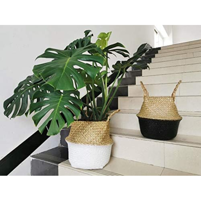 Кошик з морської трави, квітковий горщик, натуральний кошик, плетений кошик для білизни з ручкою для зберігання рослинних іграшок (чорний) Чорна найширша частина 32 x 28 см