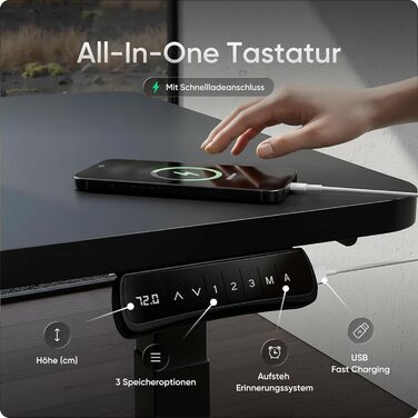 Кутовий стіл, регульований по висоті (електрично) із захистом від зіткнень та функцією пам&39яті, 10-річна гарантія (чорний каркас, чорна стільниця, 160 x 130 x 70 см)