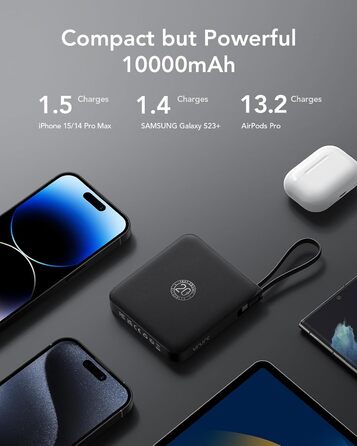 Із кабелем 10000 мАг. Маленький USB-C Power Bank. Швидка зарядка. 22,5 Вт. Міні-портативний зарядний пристрій. Зовнішній акумулятор. Маленький, але потужний акумулятор.