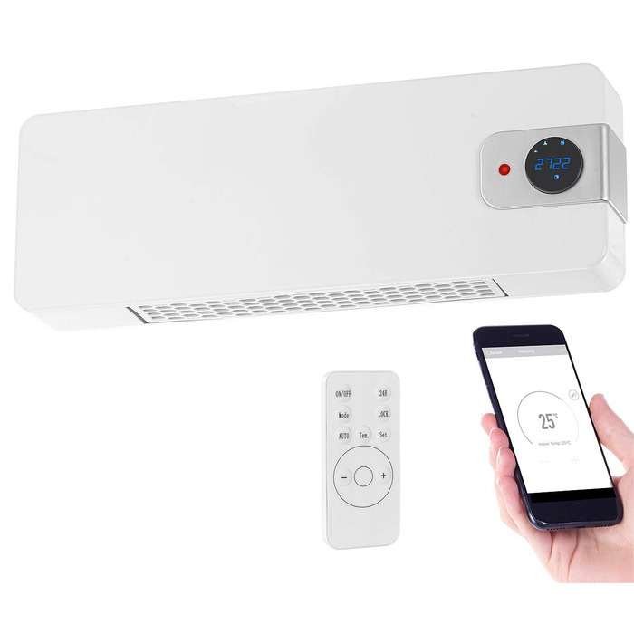 Вентилятор-обігрівач керамічний настінний WiFi вентилятор-обігрівач, світлодіодний дисплей, 2000 Вт, додаток, Google та Alexa (вентилятор-обігрівач із керуванням за допомогою додатка, керамічний, тримач для планшета) Білий, сумісний з Google та Alexa