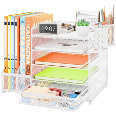 Органайзер для столу VITVITI, 5-ярусний лоток для листів з висувними шухлядами, тримач для файлів з 2 тримачами для ручок, офісний органайзер зі стоячими файлами, канцелярське приладдя для зберігання документів формату A4 (білий)