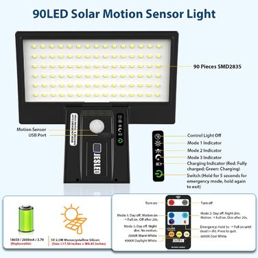 Вуличні сонячні ліхтарі JESLED з датчиком руху, 90 світлодіодних сонячних ліхтарів з пультом дистанційного керування, сонячний захисний настінний світильник ємністю 2600 мАг, 3 режими, водонепроникний настінний світильник IP65 для саду, двору, гаража