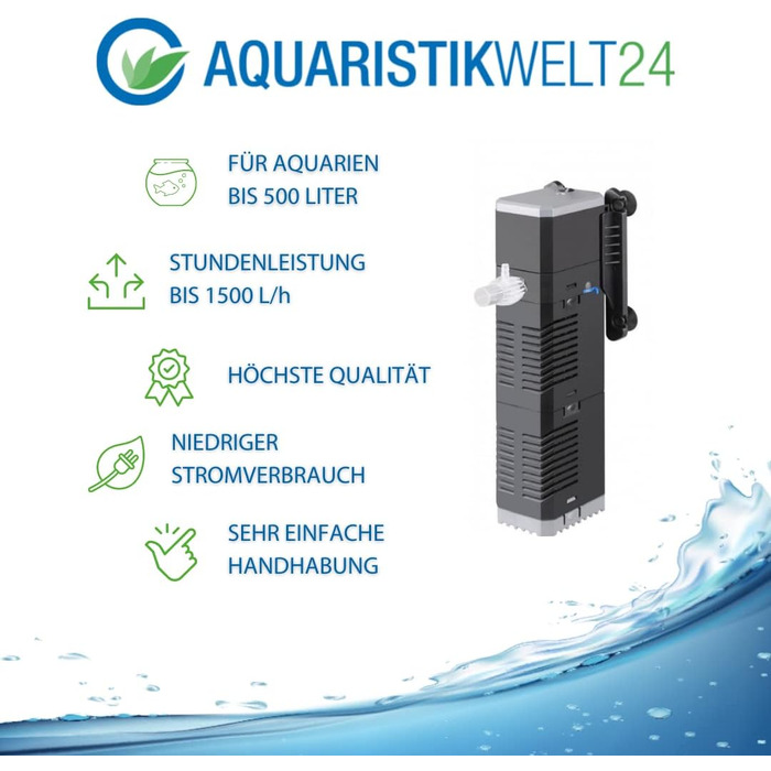 Акваріумний фільтр AquaOne CHJ-1502 I Внутрішній фільтр для акваріумів до 500 літрів I Насос з продуктивністю 1500 л/год I Акваріумний фільтр для прісноводних та морських акваріумів