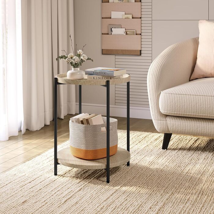 Круглий журнальний столик WOLTU, бічний столик з 2 полицями, стіл для вітальні зі знімною стільницею, тумбочка, столик для дивана, телефонний столик для вітальні та спальні, виготовлений з МДФ та металу, світлий дуб, BTS06hei