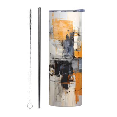 Кухоль з прямою трубочкою, 590 мл, сіро-жовтий, абстрактний художній дизайн, дорожній кухоль з принтом, підходить для кемпінгу, офісу та дому