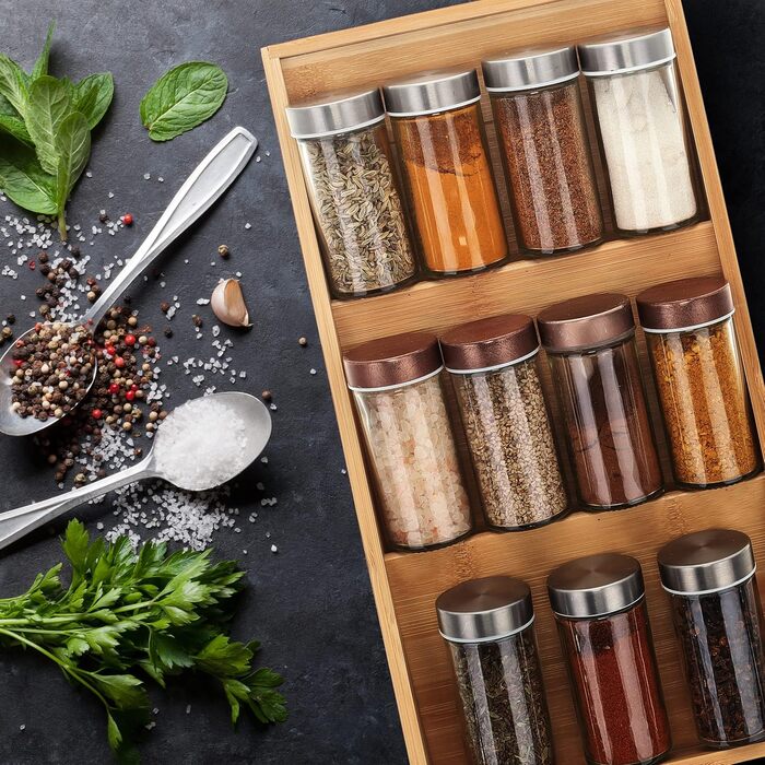 Шухляда для спецій Relaxdays, бамбук, ВxШxГ 5 x 20 x 38 см, 3 яруси, шухляда-вставка для спецій, тримач для спецій, натуральний колір 1