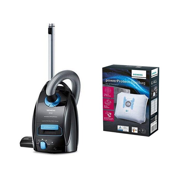 Пилосос Siemens Q5.0 extreme Silence Power EEK B (850 Вт, місткість мішка 4 л, гігієнічний фільтр високої ефективності), чорний мішки для пилососа PowerProtect (тип G All, крім VS01)