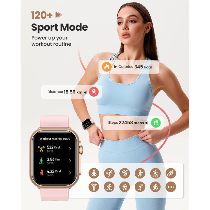 Жіночий смарт-годинник Sanorum з акумулятором 1000 мАг, фітнес-годинник AMOLED 1,85 дюйма з функцією телефону/водонепроникність 5 атм/120 спортивних режимів/пульс/SpO2/кров&39яний тиск, смарт-годинник для Android та iOS, рожеве золото