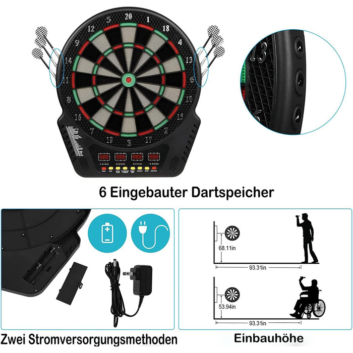 Електронна мішень для дартсу на 16 гравців, електронний дартс-машина з 4 РК-дисплеями, 6 дротиками та 24 головками для дротиків, 27 іграми з 243 ігровими опціями, професійна електронна гра в дартс, чорний колір