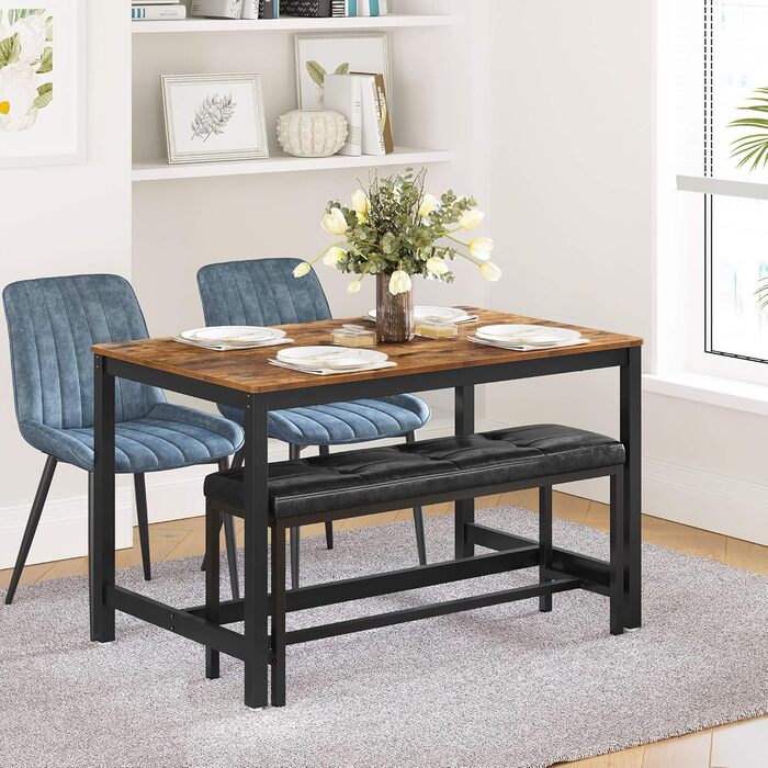 Обідній стіл VASAGLE для 4 осіб, обідній стіл, кухонний стіл, 120 x 75 x 75 см, міцний металевий каркас, індустріальний стиль, для вітальні, їдальні, рустикально-коричневий, чорний KDT75 шт. Рустикально-коричневий чорний 120 x 75 x 75 см