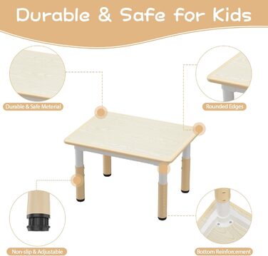 Дитячий стіл з 4 стільцями, серветками та дитячим стільцем для дитячого садка, регульований по висоті, з гравітаційною плитою та нековзною подушкою кольору дерева