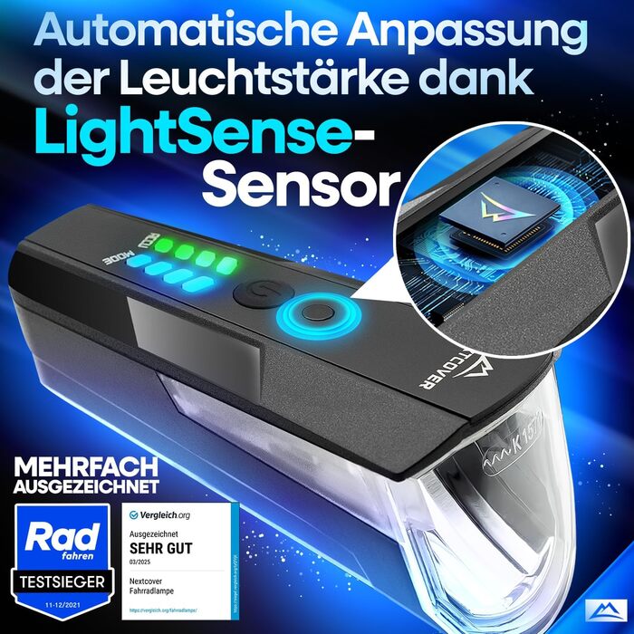 Комплект велосипедних ліхтарів NEXTCOVER із сенсором LightSense та 11 годин автономної роботи від акумулятора I Заряджається від USB та водонепроникний I Схвалено StVZO I Передній світлодіодний велосипедний ліхтар I Велосипедний ліхтар та задній велосипед