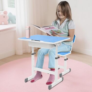 Дитячий комплект письмового столу зі стільцем, дитячий стіл та стілець з регульованою висотою, дитячий стіл для хлопчиків та дівчаток, молодіжний стіл (синій, білий)