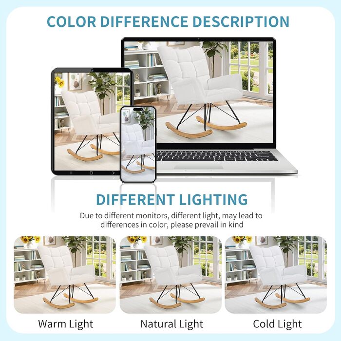 Крісло-гойдалка Clevich для вітальні, крісло-гойдалка з оббивкою з плюшевого тканини, дерев&39яними полозками та металевими ніжками, для вітальні, дитячої кімнати, спальні, вантажопідйомність до 136 кг, білий колір