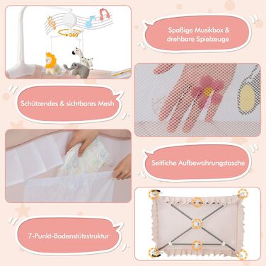 Дитяче ліжечко COSTWAY 4-в-1 зі знімним балдахіном, дорожнє ліжечко з матрацом, пеленальний килимок, ігрова арка та музична скринька, приліжкове ліжечко з колесами, складне дорожнє ліжечко для малюків 0-36 місяців (рожеве)