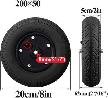 Дюймові передні колеса інвалідного візка (2), нековзні пневматичні коліщатка з шинами 200 50, заміна для інвалідних візків, підшипник 5/16 дюйма (8 мм) 200x50 Чорний, 8-